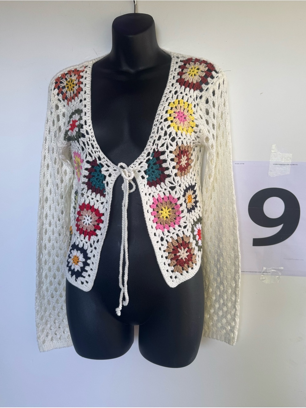 Cream Crochet Tie-Front Cardigan with Multicolor Floral Squares